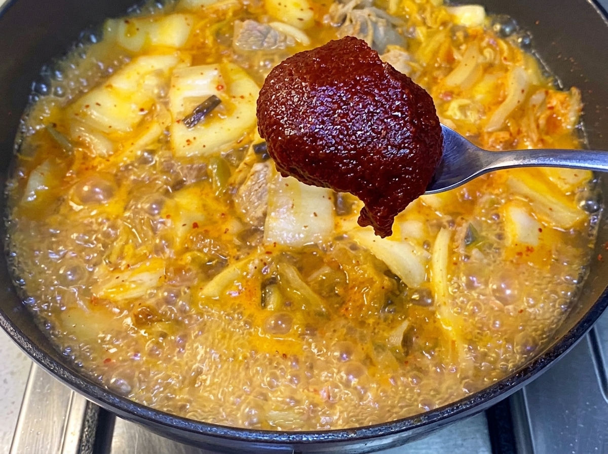 Pâte de piment coréenne mélangée dans le ragoût bouillonnant avec une cuillère.