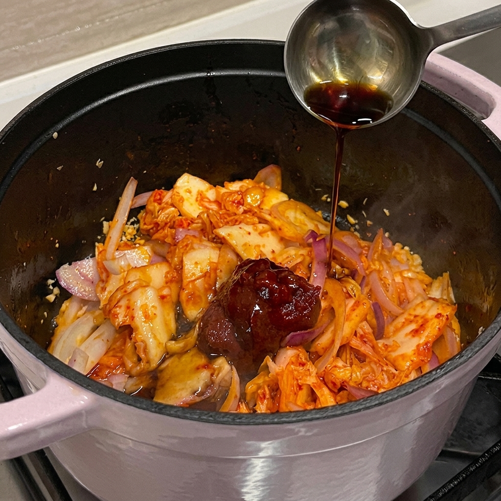 Une louche en métal versant une sauce dassaisonnement sombre dans une marmite de kimchi et oignons sautés.