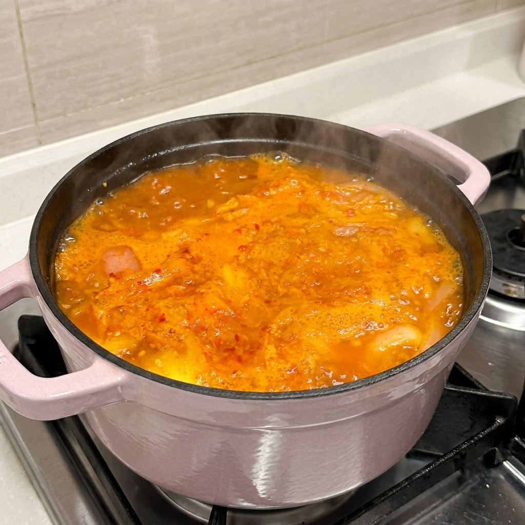 Un couvercle de marmite rose posé sur une soupe de porc et kimchi bouillonnante.