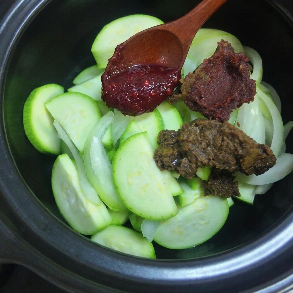 Deux cuillères de pâte de soja coréenne sombre et une cuillère de pâte de piment rouge ajoutées sur les légumes crus dans la marmite.