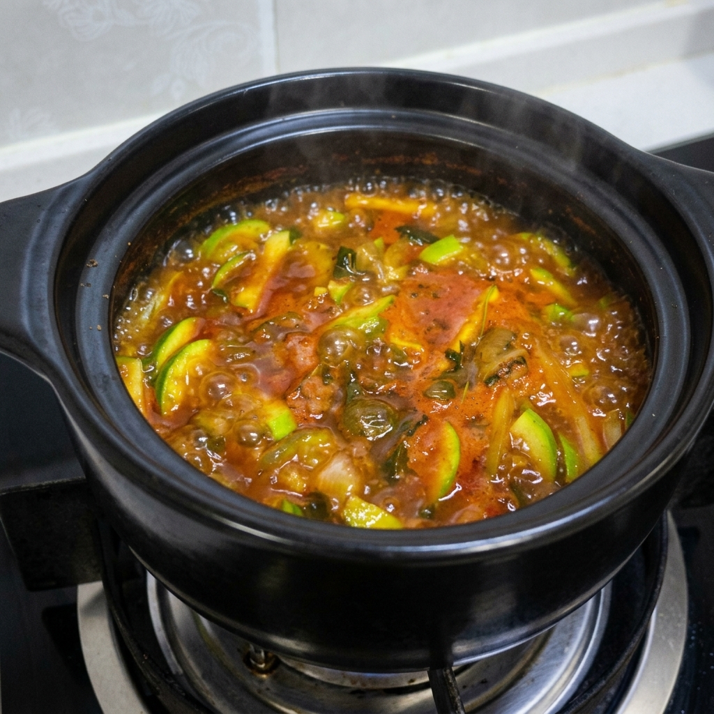 Tranches de piment rouge et oignons verts hachés ajoutés comme garniture finale sur le ragoût bouillant.
