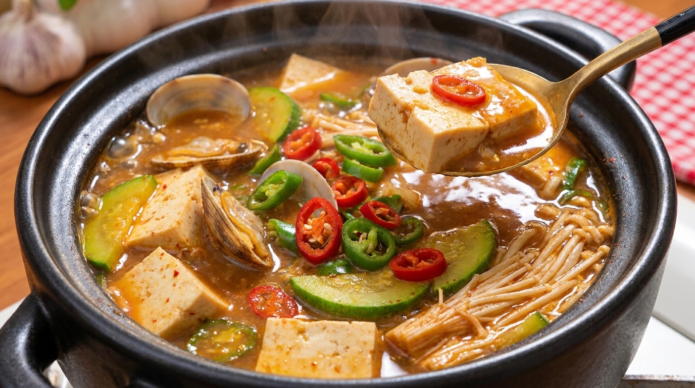 Un pot en terre cuite noir, bouillonnant, rempli dun ragoût de pâte de soja, de tofu tendre, de palourdes fraîches et de légumes croquants.