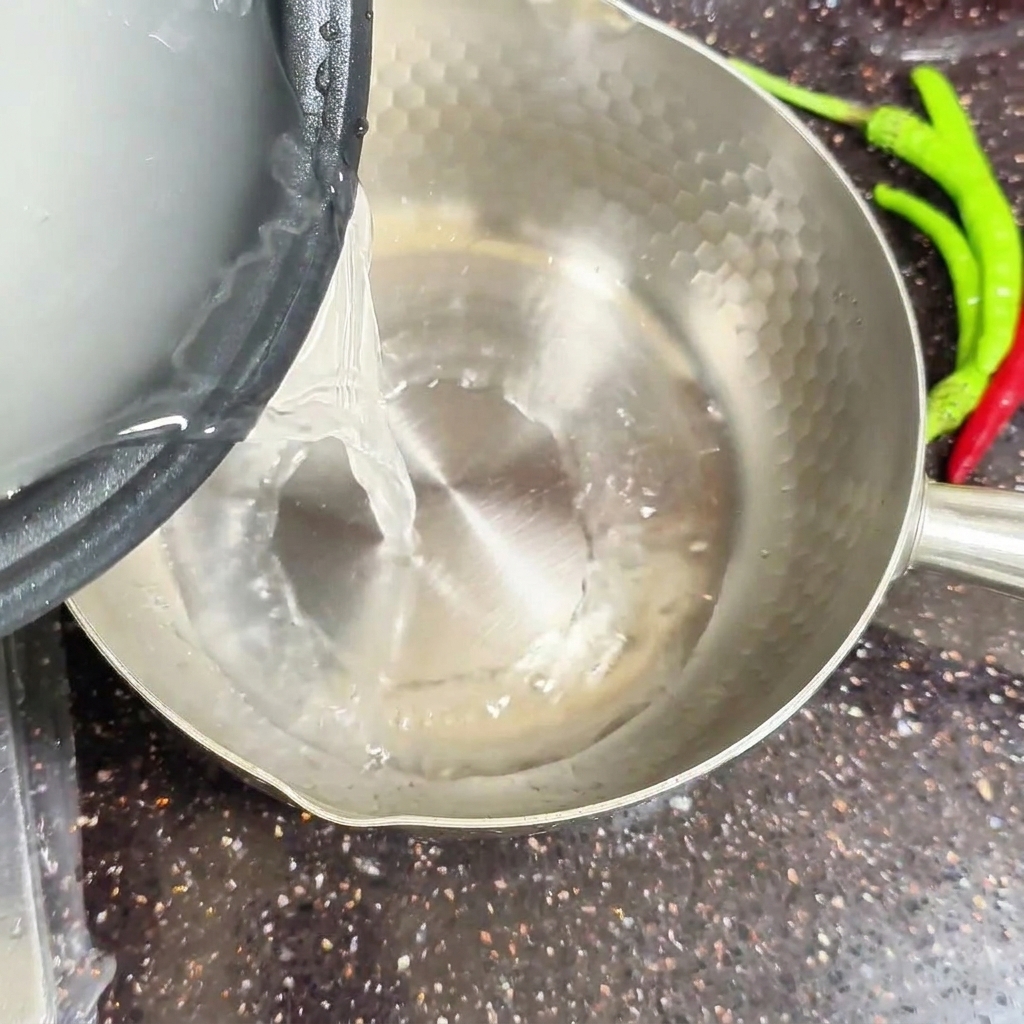 Eau de riz laiteuse versée dans une marmite en métal propre sur la cuisinière.