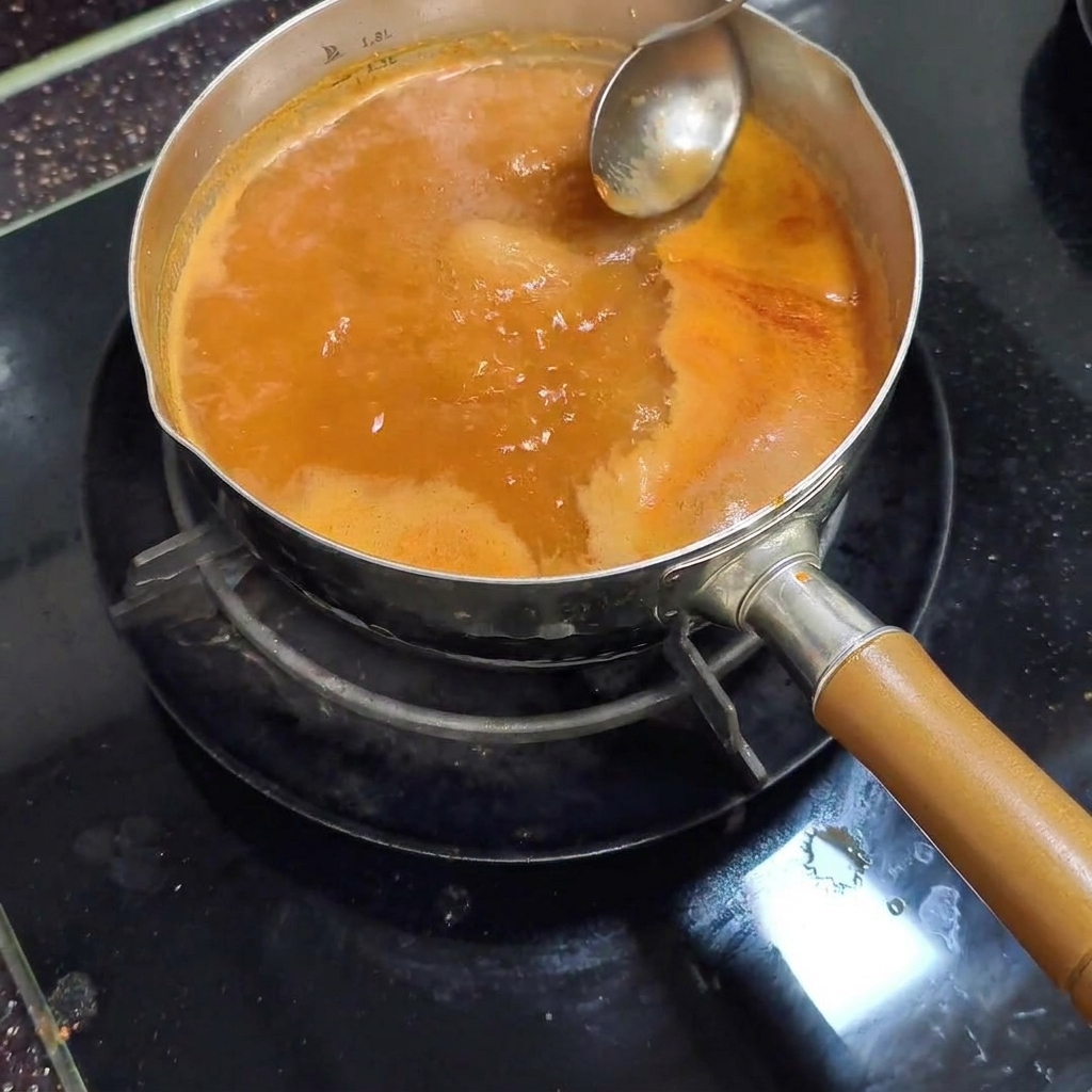 Une louche en métal retirant lécume claire à la surface du bouillon rouge.