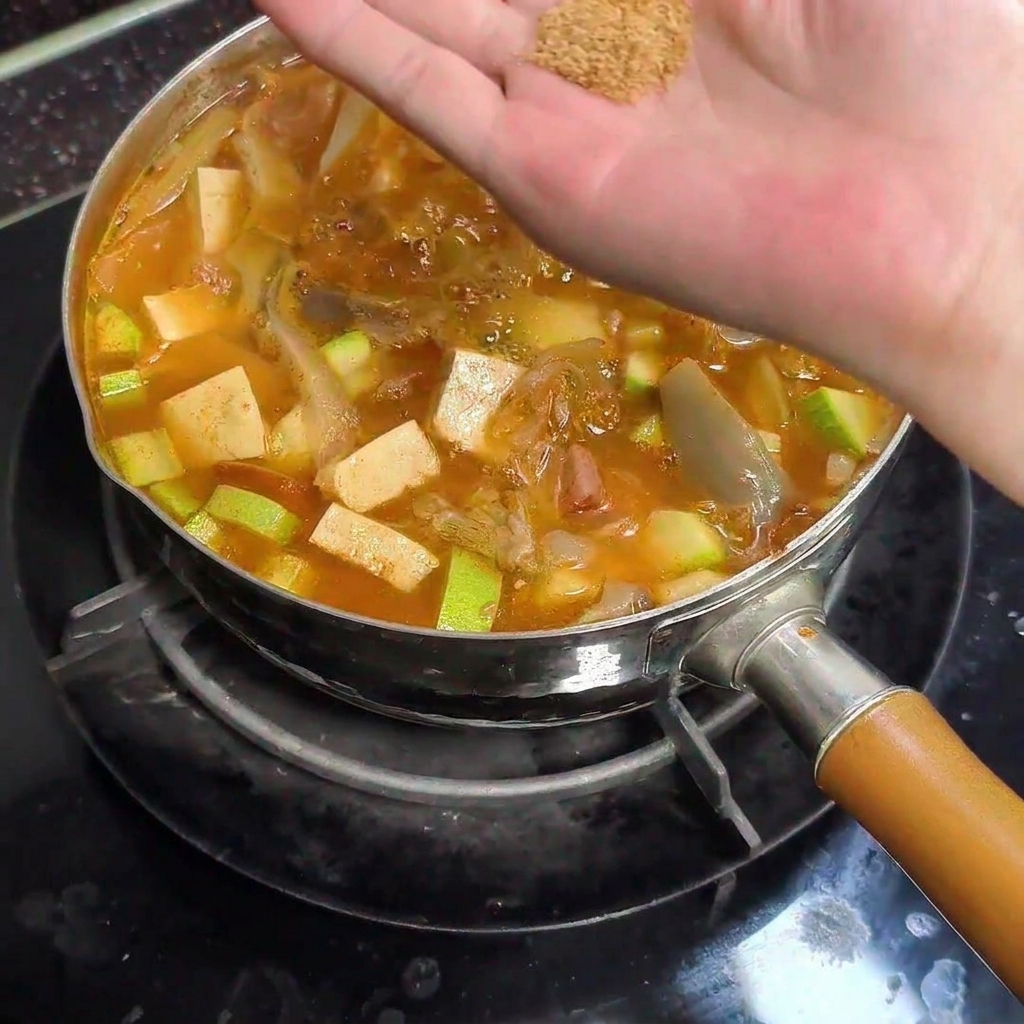 Une main saupoudrant une pincée de bouillon de bœuf en poudre au-dessus de la marmite.