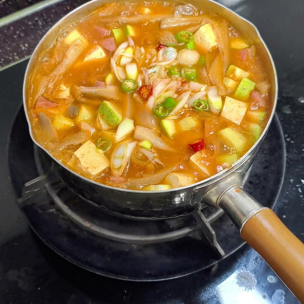 Gros plan sur un ragoût coréen bouillonnant et coloré, agrémenté de tofu et de légumes frais.