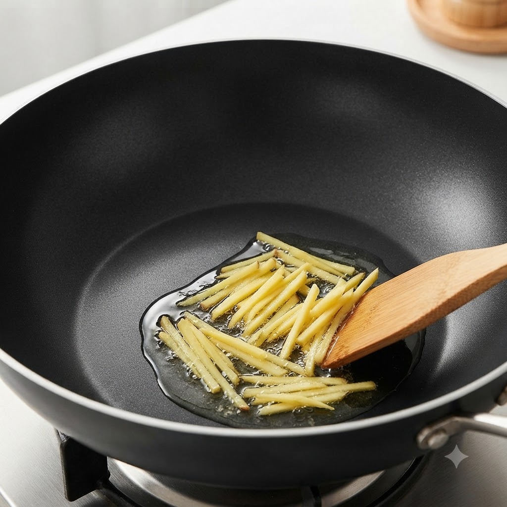 Gingembre râpé frit dans lhuile chaude à lintérieur dun wok sombre.