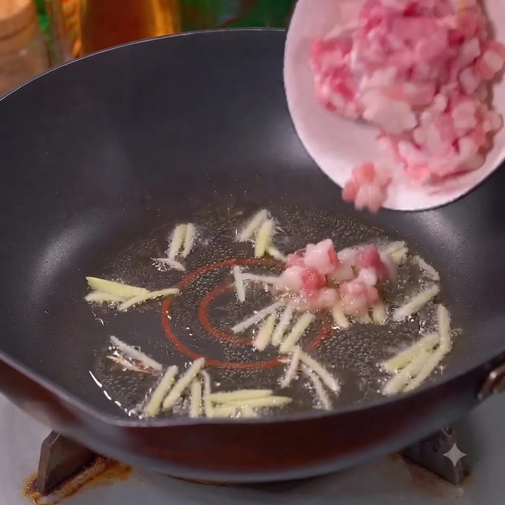 Porc haché glissant dun bol dans le wok avec le gingembre.