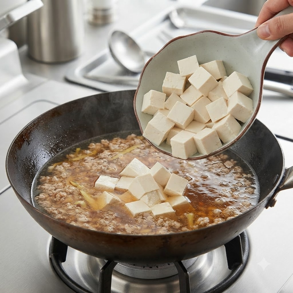 Cubes de tofu glissant dans le bouillon de soupe frémissant.