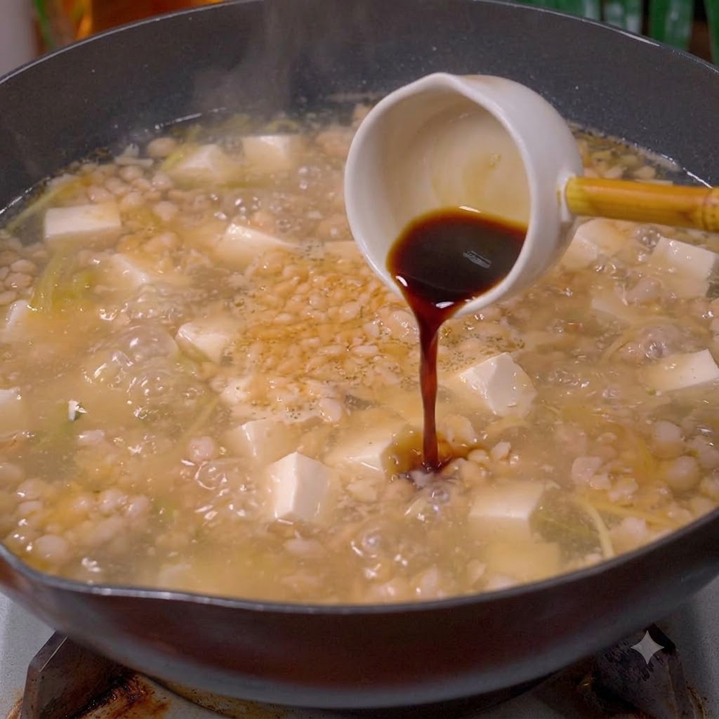 Sauce soja foncée versée dune petite louche blanche dans un wok frémissant rempli de soupe, de tofu et de viande hachée.