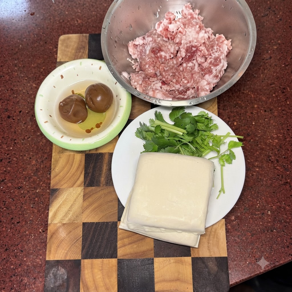 Porc haché et prunes salées hachés ensemble sur une planche en bois, avec du tofu et de la coriandre à proximité.