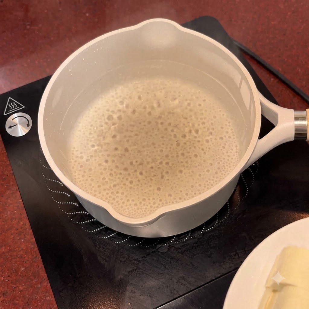 Morceaux de tofu frémissant dans une casserole deau bouillante sur une plaque à induction noire.