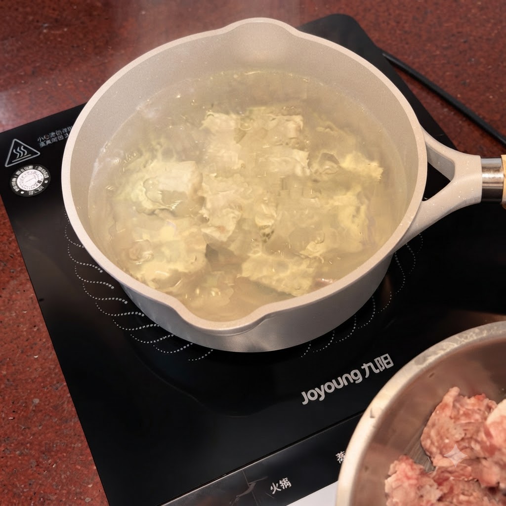 Morceaux éparpillés de porc haché déposés à la cuillère dans la casserole bouillante de tofu et deau.