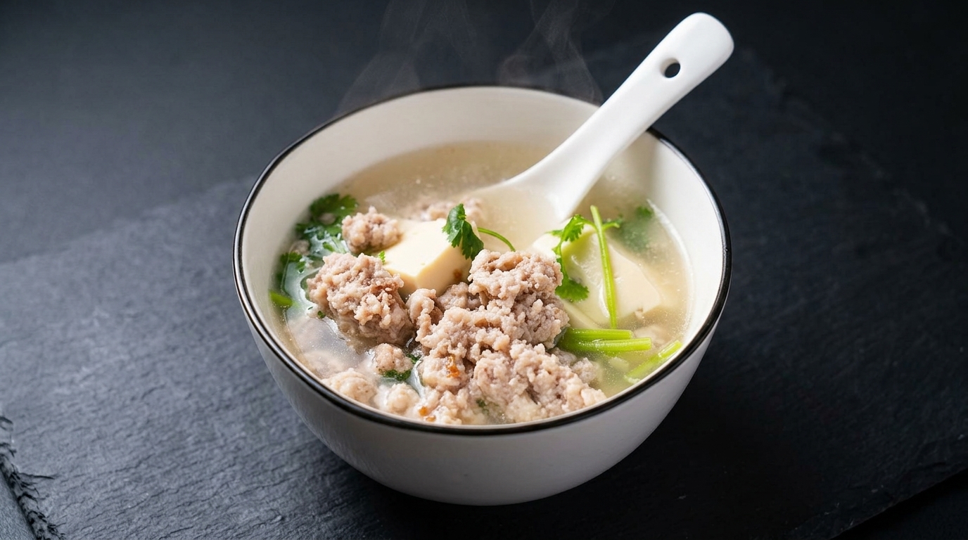 Soupe Apaisante au Tofu, Prunes Salées et Porc Haché
