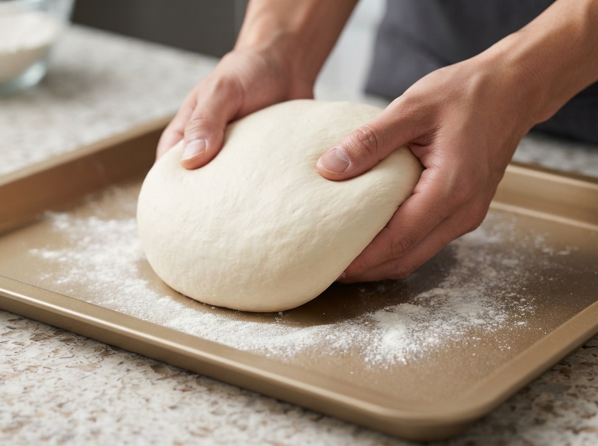 Des mains étirant une boule de pâte lisse sur une plaque de cuisson dorée légèrement farinée.