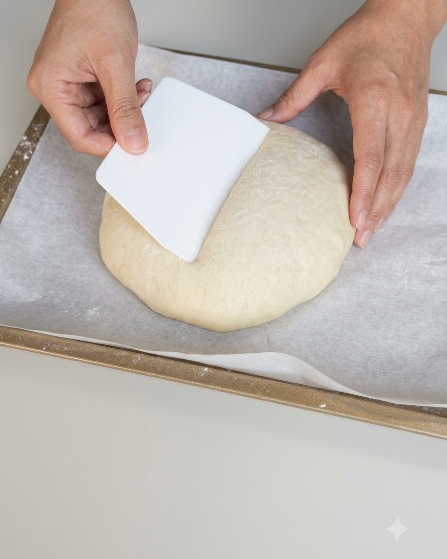 Des mains utilisant un coupe-pâte en plastique blanc pour façonner une boule de pâte sur du papier sulfurisé.