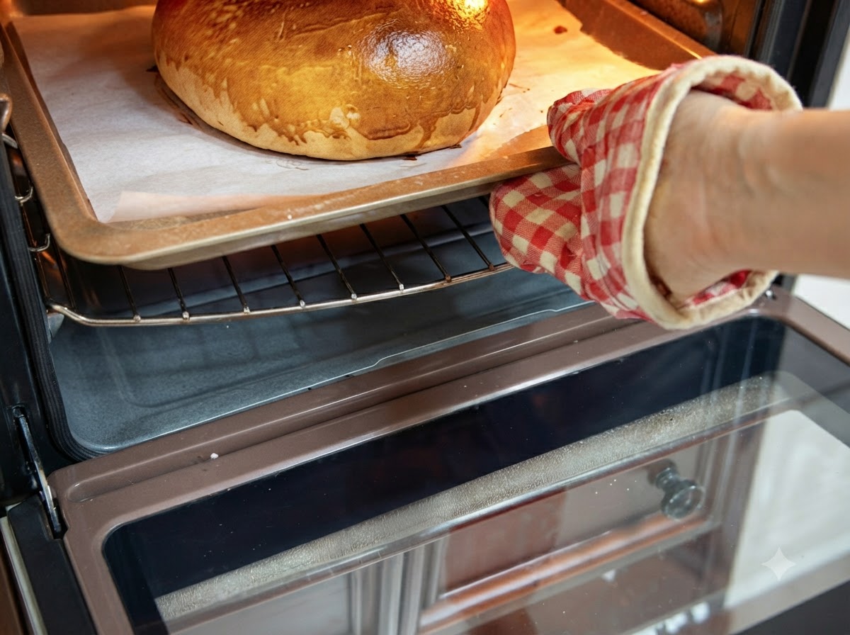 Un pain à burger géant doré sur une plaque de cuisson en train dêtre retiré du four.