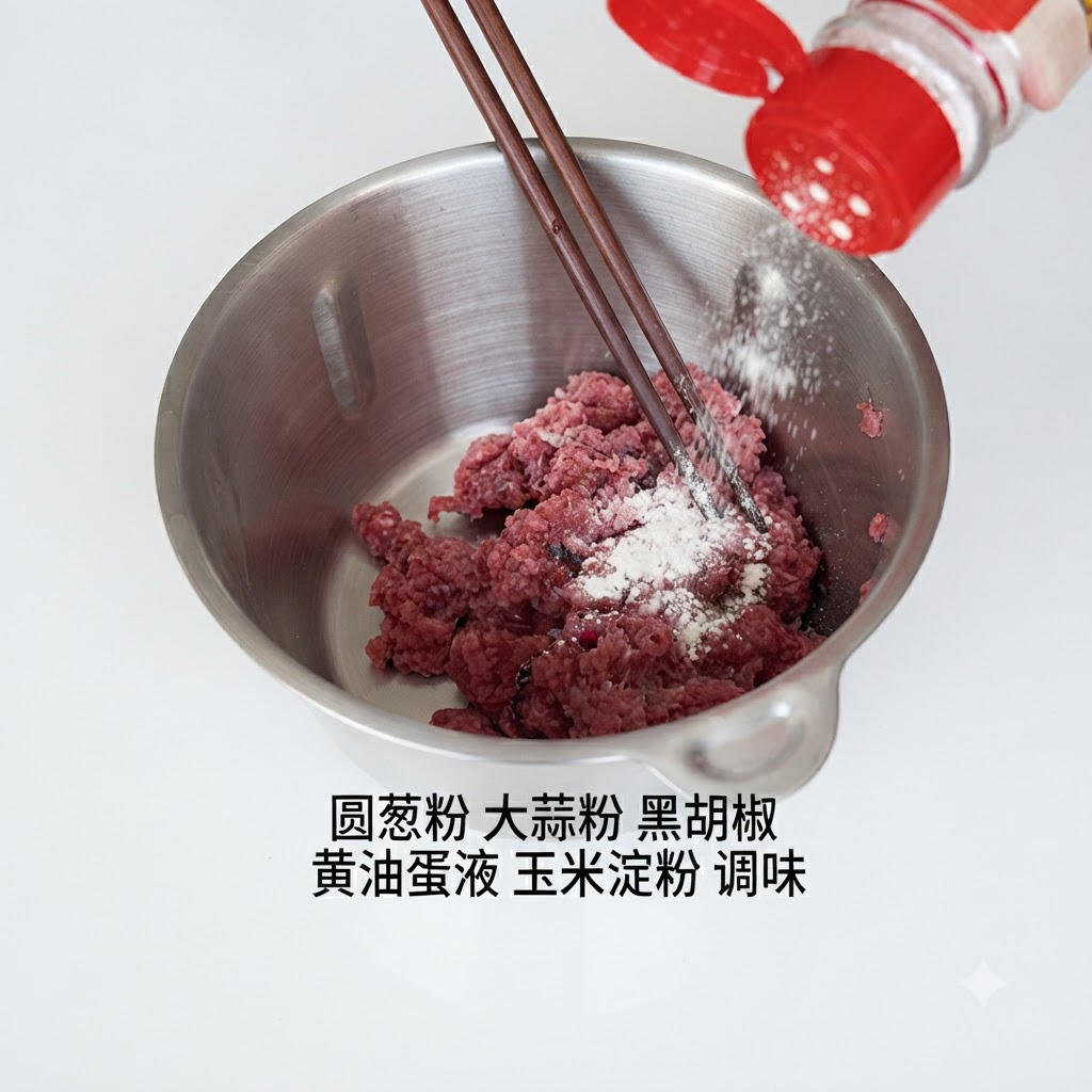 Un bol en métal contenant du bœuf haché saupoudré dassaisonnements avec un flacon à bouchon rouge.