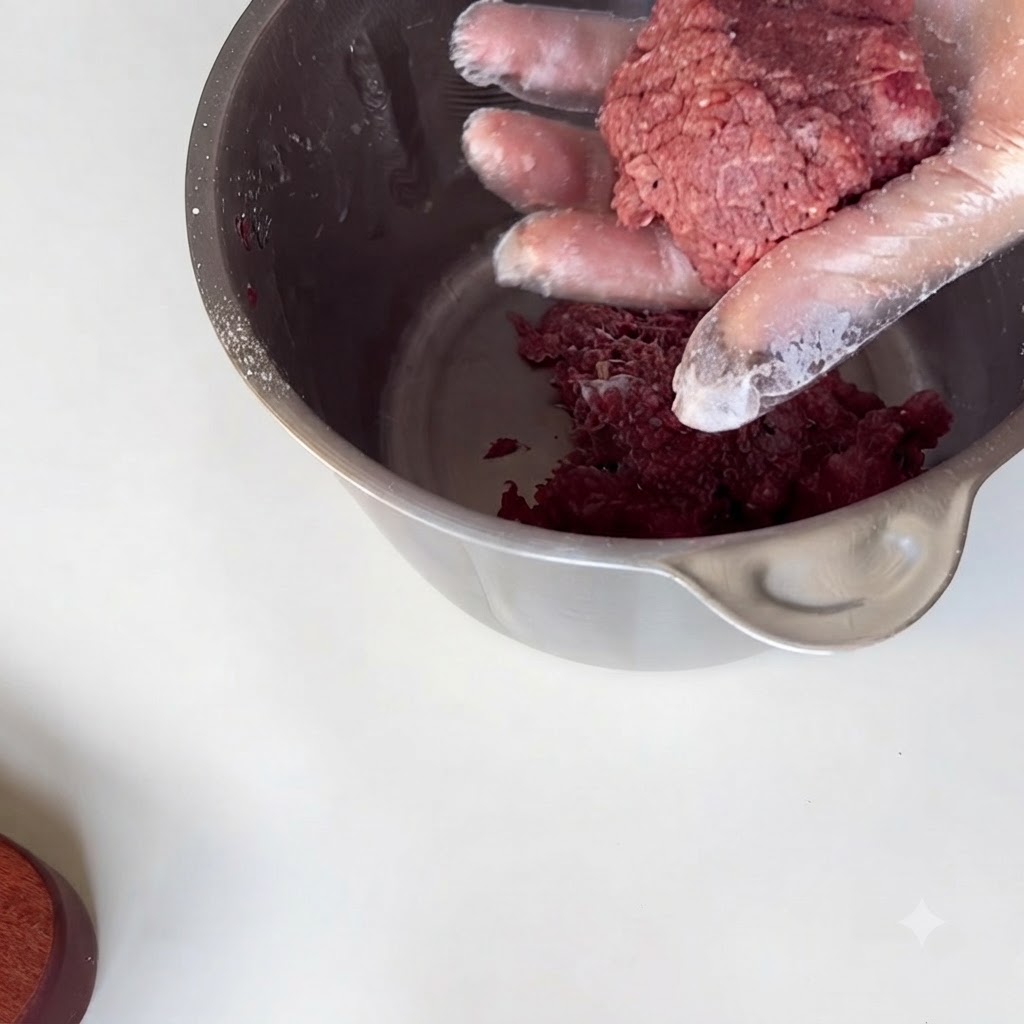 Une main gantée pétrissant et jetant de la viande hachée assaisonnée dans un cul-de-poule en inox.