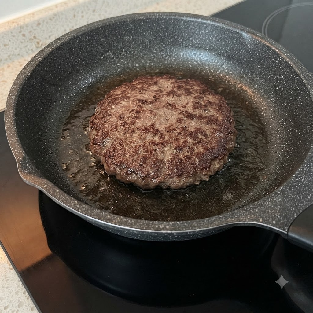 Des tranches de fromage fondu sur un steak de bœuf grésillant dans une poêle.