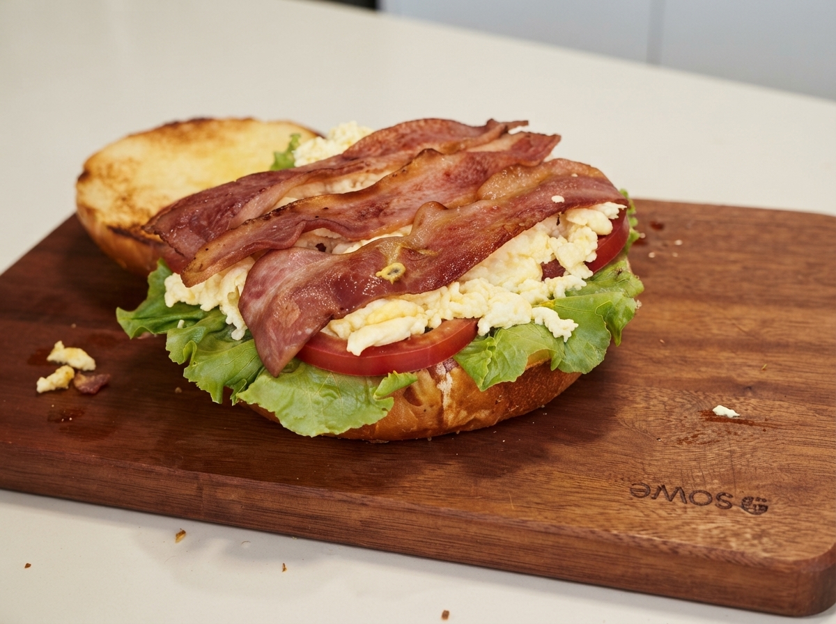 Des tranches de bacon croustillant posées sur des œufs brouillés, de la laitue et des rondelles de tomates sur une planche en bois.