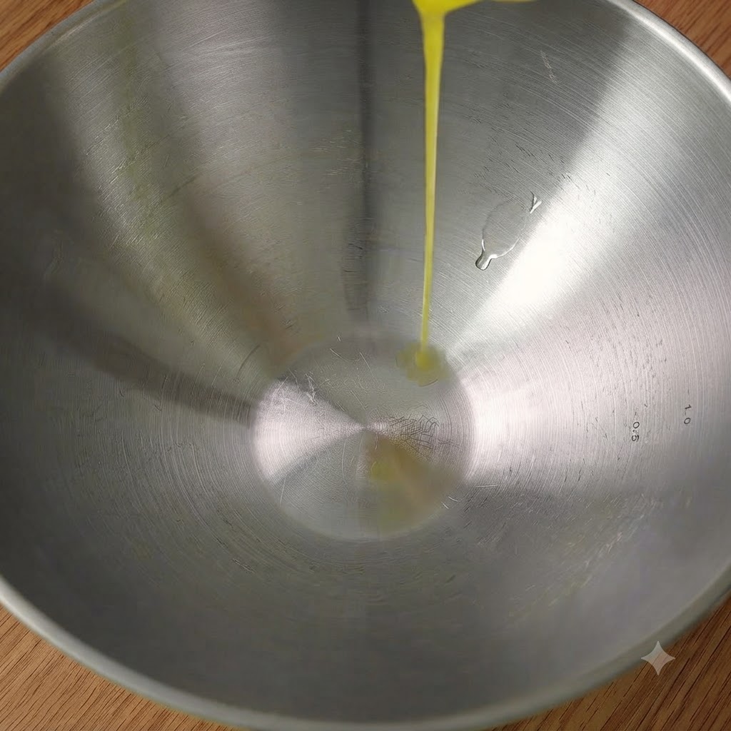 Du beurre fondu en train dêtre versé au centre dun bol mélangeur en acier inoxydable sur une table en bois.