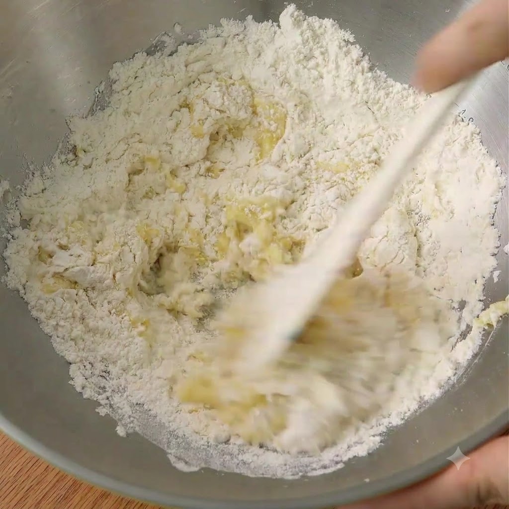 Une spatule mélangeant de la farine à pain, du sucre, du sel, de la levure, de lœuf liquide et du beurre fondu dans un bol en métal.