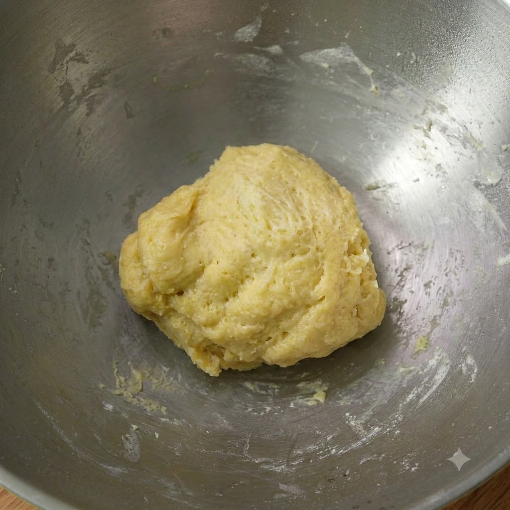 De la pâte rassemblée en boule à lintérieur dun bol mélangeur en métal après le mélange initial.