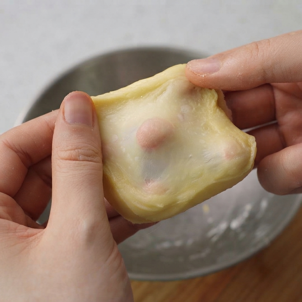 Des mains étirant une portion de pâte lisse pour révéler un voile de gluten translucide.