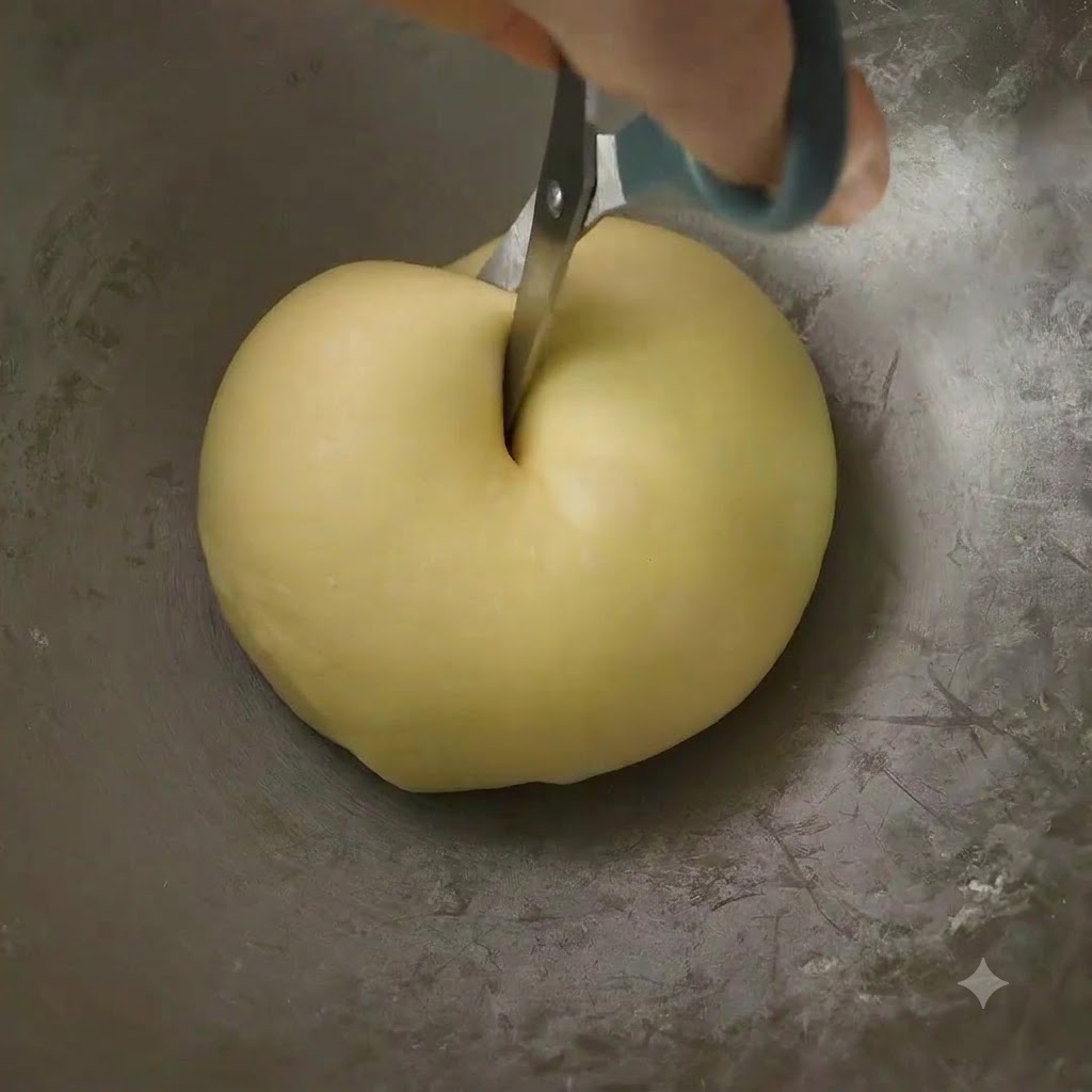 Une cornette à pâte en métal divisant une boule de pâte lisse à lintérieur dun bol mélangeur.