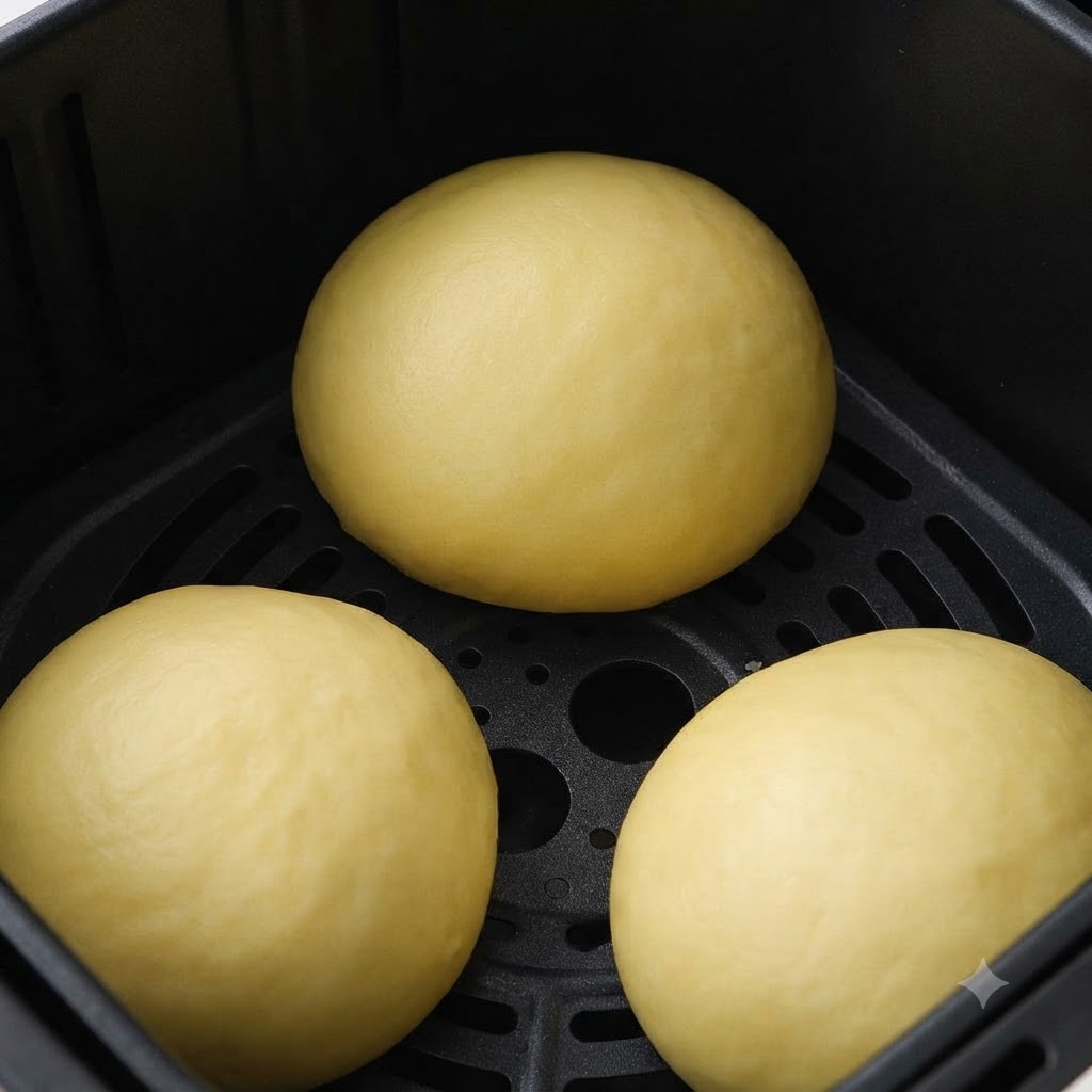 Un pinceau à pâtisserie appliquant une dorure à lœuf sur des pains à burger façonnés dans un panier de friteuse sans huile.