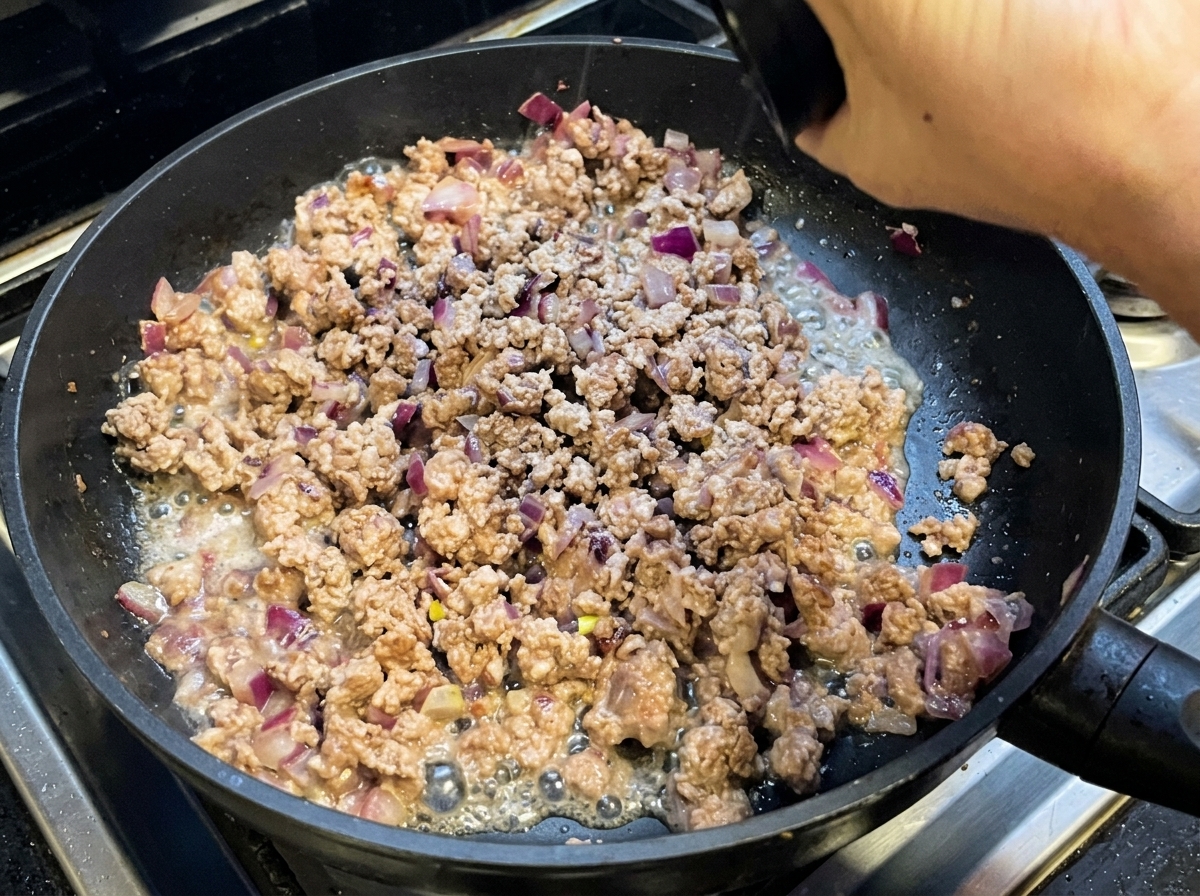 Bœuf haché et oignons cuisant dans une poêle pendant que les assaisonnements y sont saupoudrés.