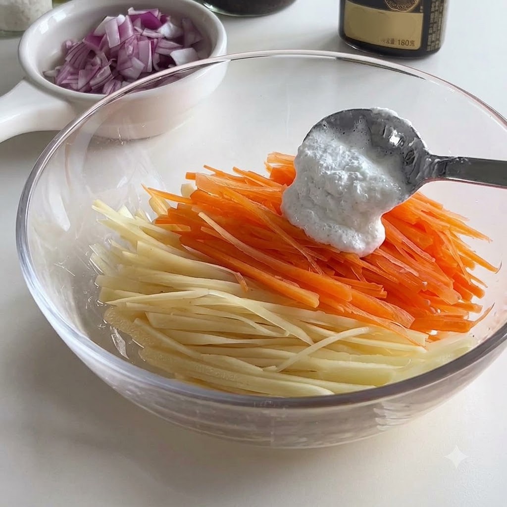 Une cuillère de farine blanche ajoutée aux carottes et pommes de terre râpées dans un bol en verre.