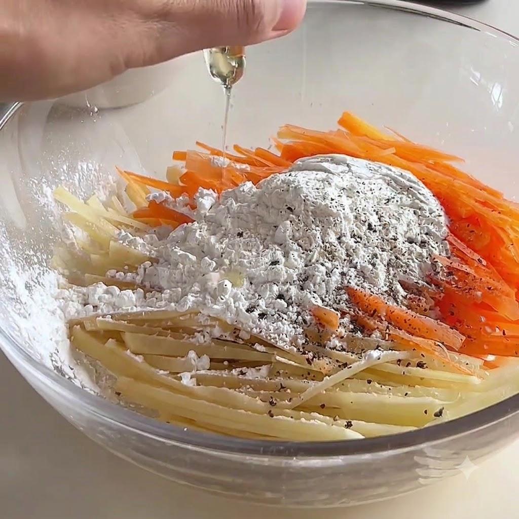 Une main versant du liquide dans un bol en verre transparent rempli de carottes, de pommes de terre, de farine et dépices râpées.