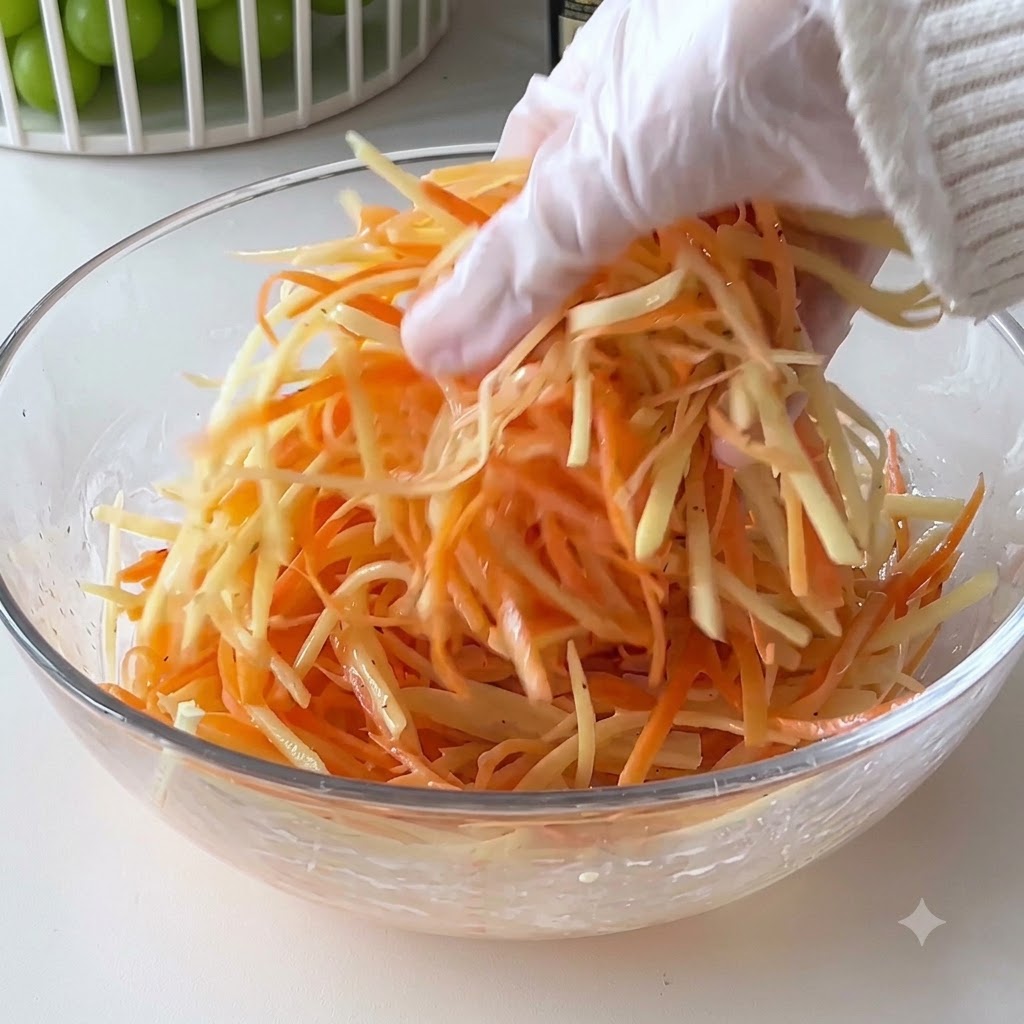 Une main gantée mélangeant des pommes de terre et des carottes râpées dans un bol en verre.