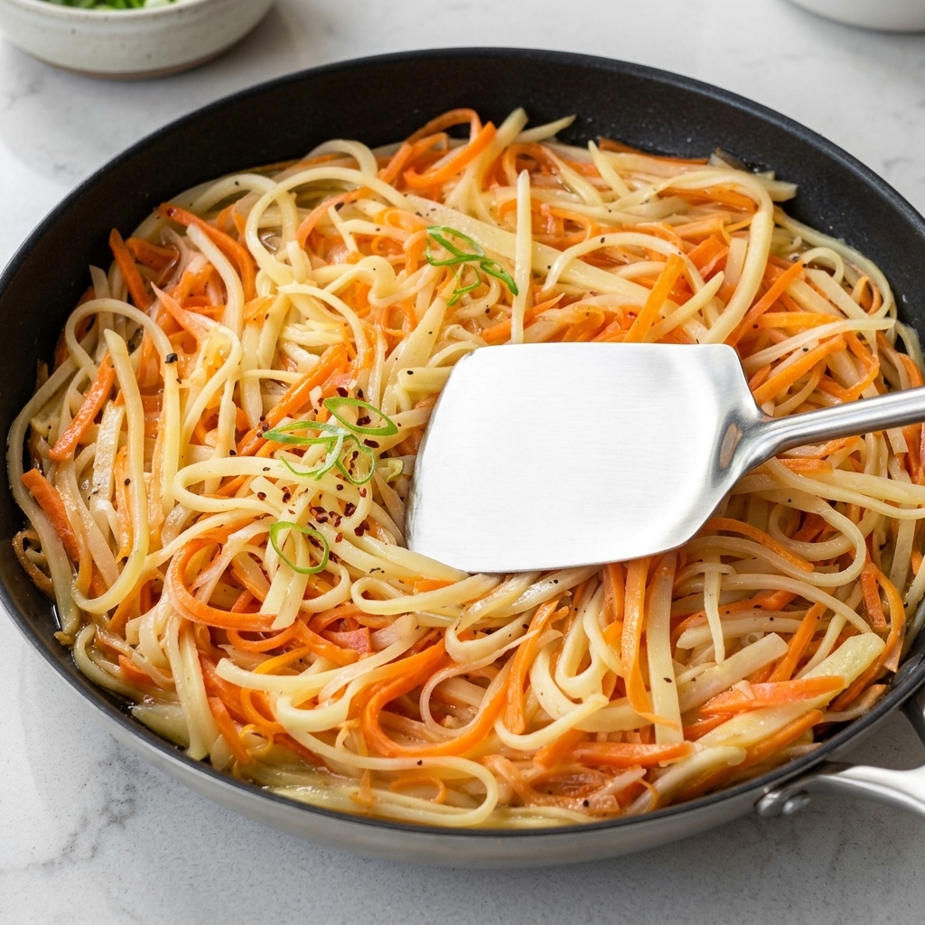Une spatule en métal pressant une couche plate et circulaire de pommes de terre et carottes râpées dans une poêle à frire.