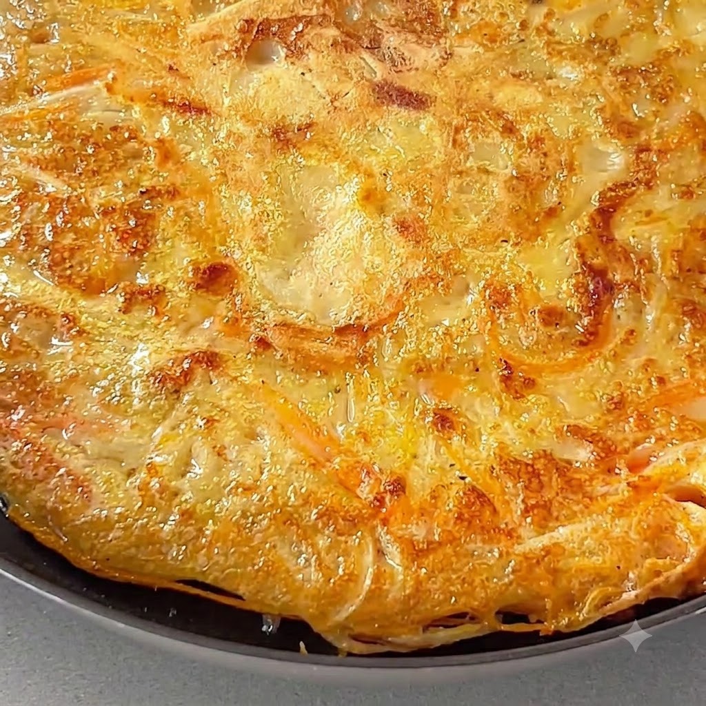 Une galette de pommes de terre croustillante, parfaitement dorée, grésillant dans une poêle après avoir été retournée.