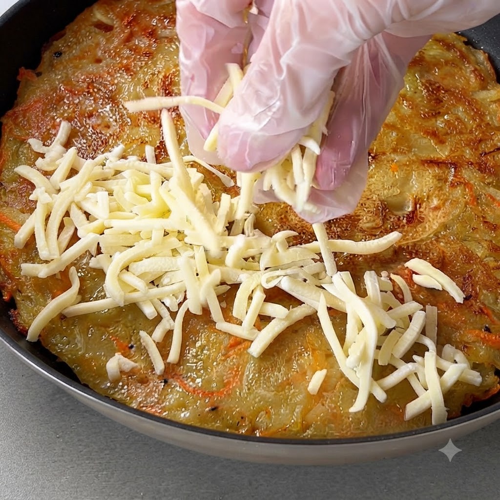 Une main gantée saupoudrant du fromage mozzarella râpé sur une galette de pommes de terre dorée dans une poêle.