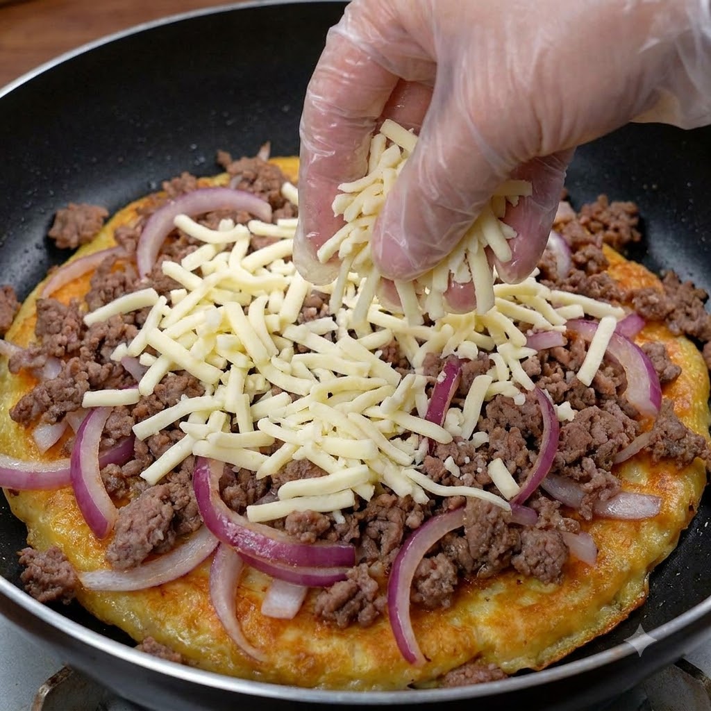 Une main gantée saupoudrant une épaisse couche de fromage râpé sur un mélange de bœuf et doignons dans une poêle.