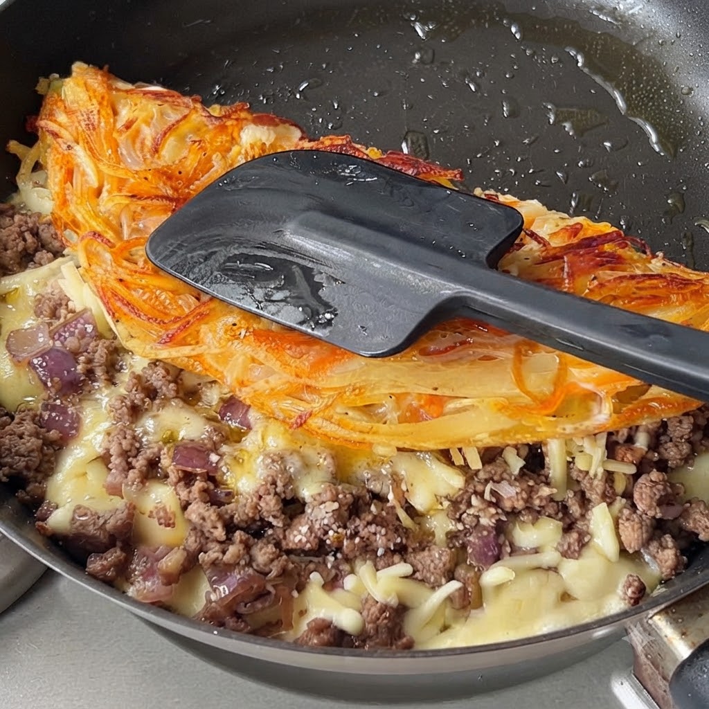 Une spatule noire pressant une galette de pommes de terre croustillante dorée et pliée, garnie de bœuf et de fromage fondu.
