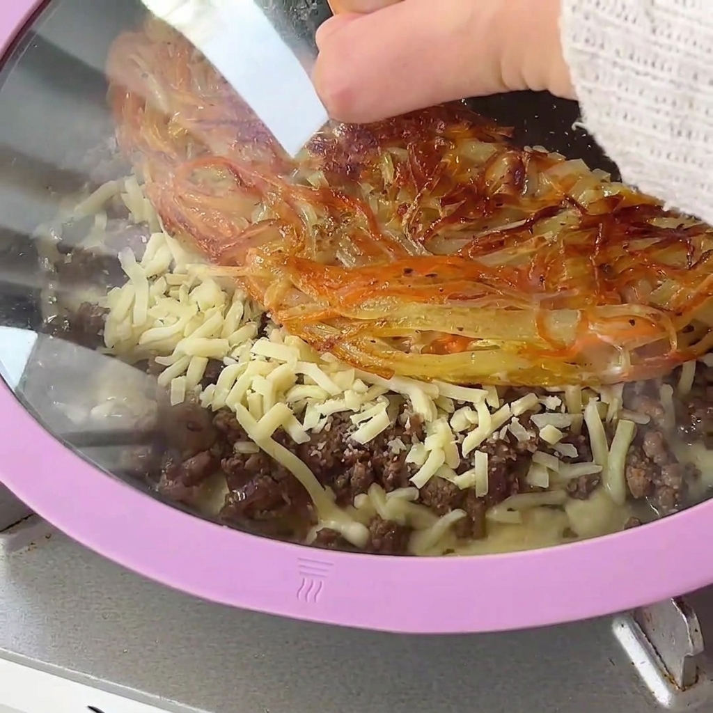 Un couvercle en verre placé sur une poêle remplie dune croûte de pommes de terre croustillante, de bœuf haché et de fromage fondant.