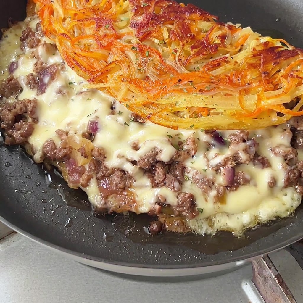 Une galette de pommes de terre croustillante pliée et entièrement cuite dans une poêle, suintant de fromage fondu et garnie de persil haché.