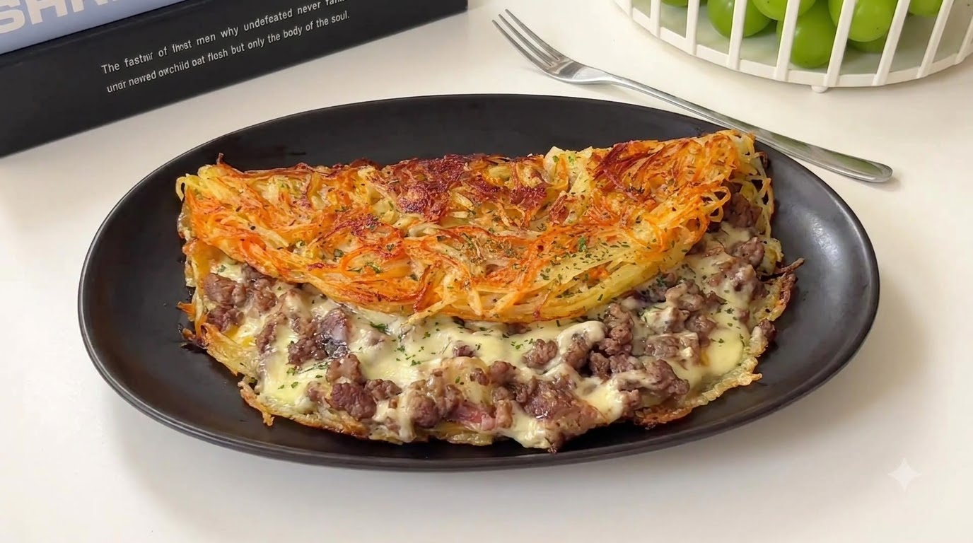 Une galette de pommes de terre râpée, croustillante et dorée, pliée sur du fromage fondu et du bœuf haché sur une assiette noire.