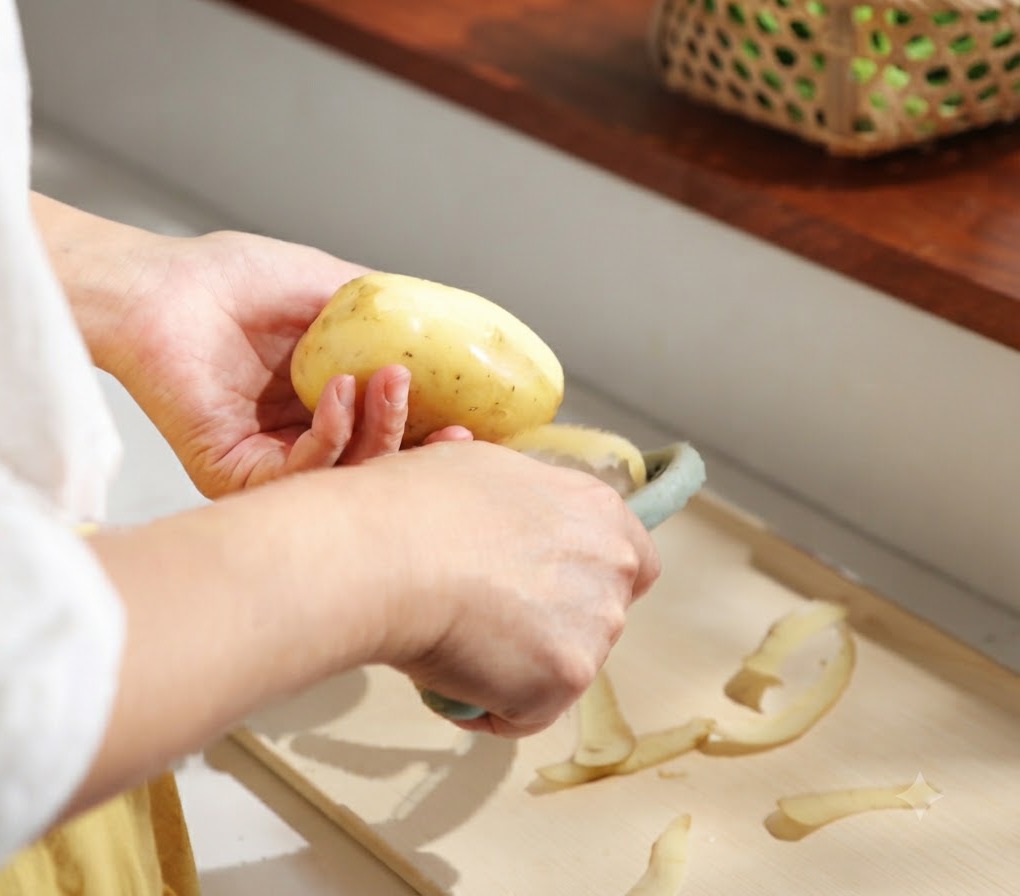 Mains épluchant une pomme de terre fraîche avant de la couper en petits morceaux sur une planche à découper.