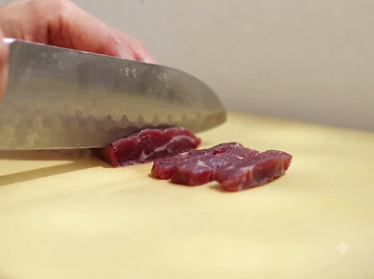 Un couteau bien aiguisé coupant un morceau de bœuf cru en fines lanières sur une planche à découper jaune.