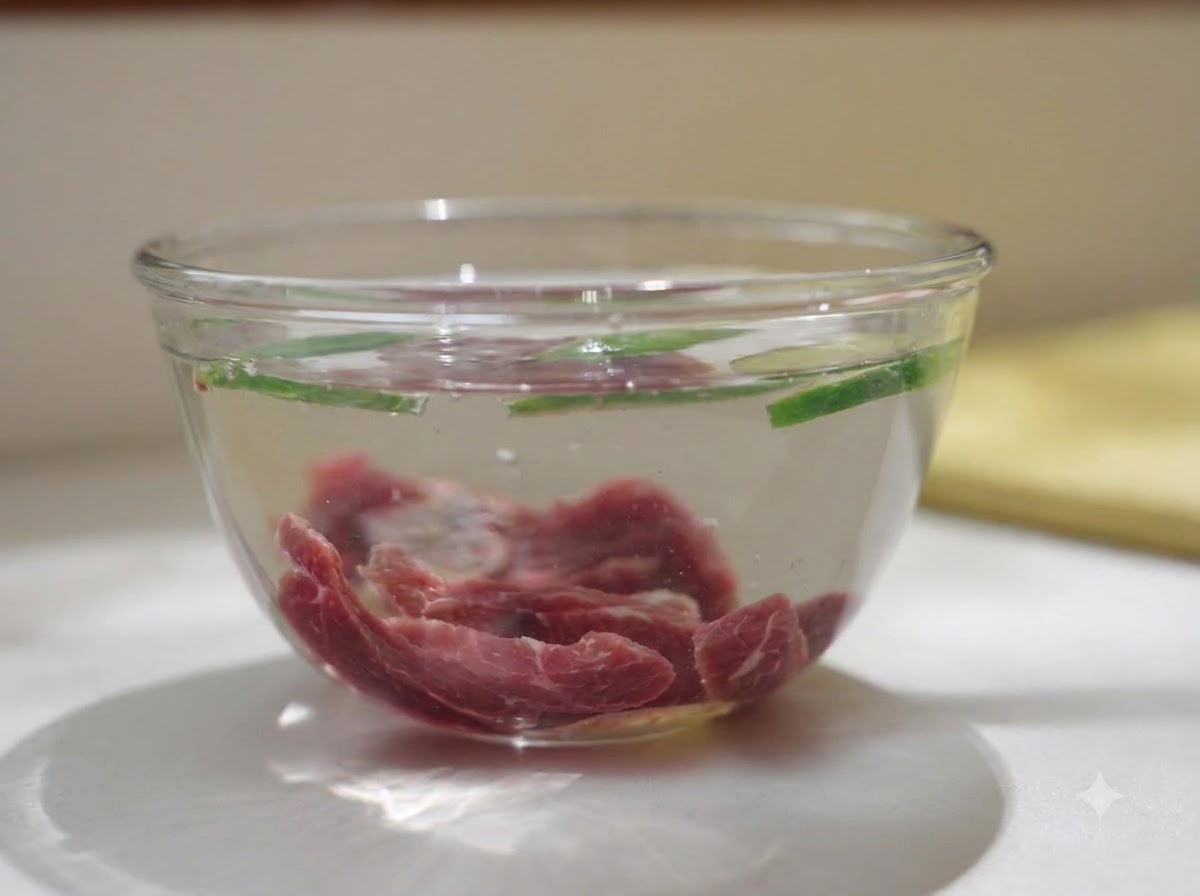 Du bœuf cru en tranches trempant dans un bol en verre transparent rempli deau avec des morceaux de gingembre frais et doignons verts.