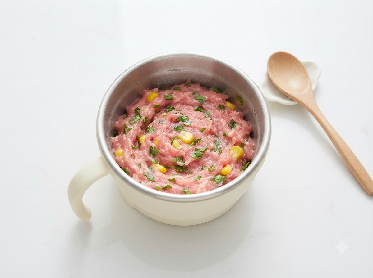 Grains de maïs, légumes verts hachés et fécule blanche ajoutés au mélange de bœuf haché dans le bol.