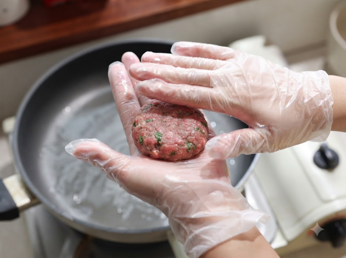 Une portion du mélange de viande façonnée en une petite galette ronde dans une main gantée.