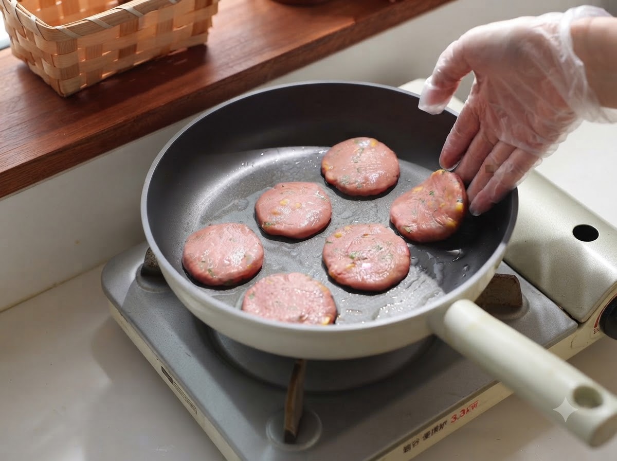 De petites galettes rondes placées uniformément dans la poêle chaude.