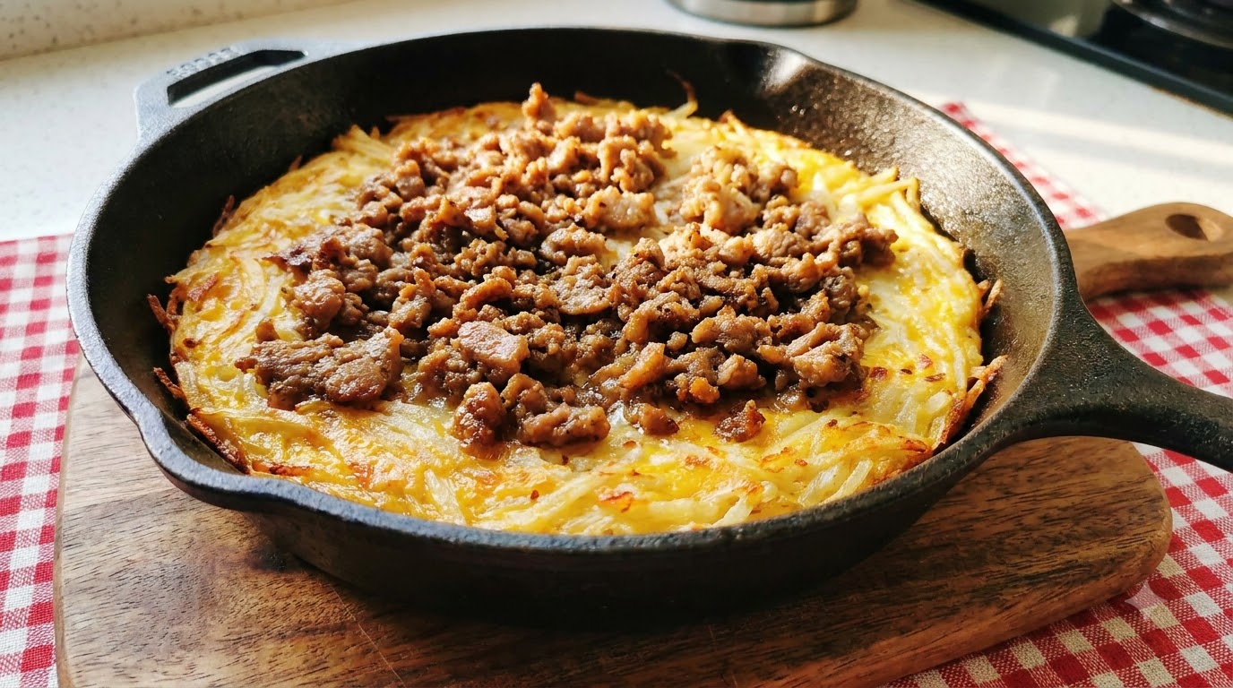 Tourte savoureuse au bœuf et aux pommes de terre râpées